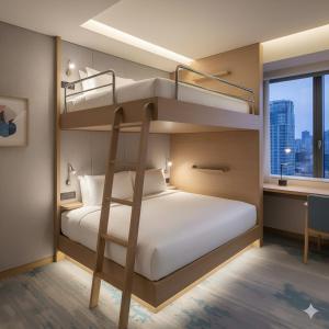 1 dormitorio con literas y escritorio en M&H Lux Hotel, en Ho Chi Minh