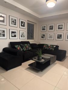 a living room with a black couch and a coffee table at Spanko w centrum in Zielona Góra