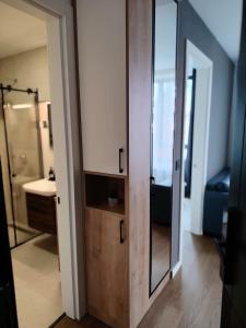 ein Badezimmer mit einer Holztür und einem Spiegel in der Unterkunft New Apartment Moderna SPA&FUN Zlatibor Centar in Zlatibor + 51 Fotos
