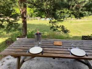 una mesa de picnic de madera con platos y copas de vino. en Chalet de l empereur, en Ussel