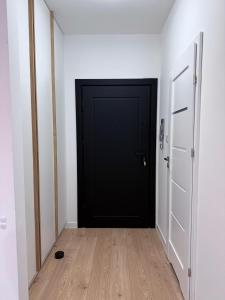 Porta nera in una stanza bianca con pavimento in legno di Old Town Bulwar Apartment a Elblag