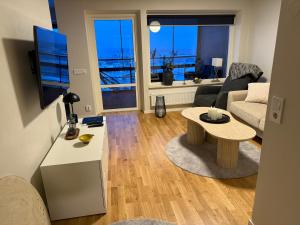 恩舍尔兹维克Exklusivt boende i Örnsköldsvik的客厅里有一张沙发和一张桌子。