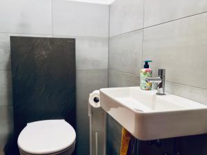 a bathroom with a white sink and a toilet at Familienidylle im Altmühltal in Solnhofen