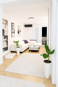ポドゴリツァにあるWhite Lounge Haustorのリビングルーム(白い家具、鉢植え付)