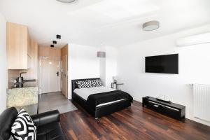una sala de estar con una cama y un sofá en Apartamenty Platinex 5, en Cracovia