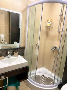 a bathroom with a shower and a sink at Luxury studio Perun Lodge in Bansko +9 photos