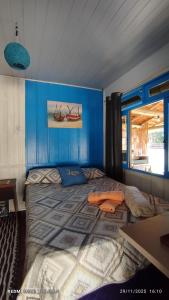 ein Schlafzimmer mit einem großen Bett mit blauen Wänden in der Unterkunft Cabanas LA CASITA BRISA DO MAR in Navegantes + 20 Fotos