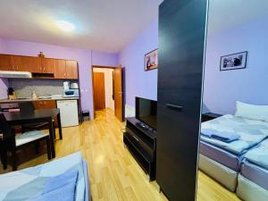 a room with a bed and a kitchen with a table at Predela 1 - Studio 10 near Bansko Ski Lift in Bansko