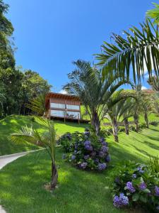 a garden with palm trees and flowers in front of a house at Sítio Rancho Mineiro in Domingos Martins