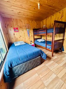 1 Schlafzimmer mit 2 Betten und einer Holzwand in der Unterkunft Cabaña en chovellen in Pelluhue