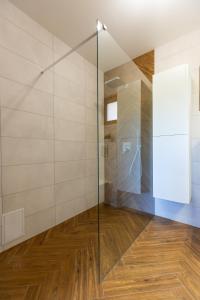 Stare MiastoWichrowe Wzgórze Chill House Jabłonowo的浴室配有木地板和玻璃淋浴间 更多18张照片