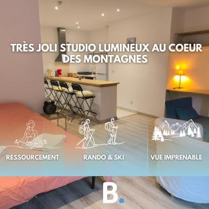 a rendering of a room with a bed and a desk at Studio rénové avec balcon & vue sur les montagnes in Saint-Clément sur Durance