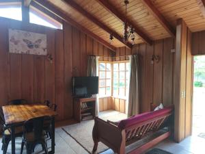 a living room with a couch and a table and a television at Cabaña pasaje las rosas in Pucón