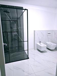 a bathroom with a glass shower and a sink at Casa in Şimnicu de Jos