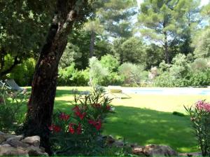 ein grüner Hof mit einem Baum und Blumen in der Unterkunft La Thébaïde in Saint-Marc-Jaumegarde