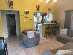 a living room with a couch and chairs and a kitchen at Casa Azul in Geneva
