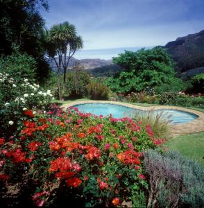 a swimming pool in a garden with flowers at Klein Bosheuwel Guest House in Cape Town