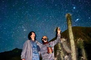 two people standing in front of a palm tree and looking at the stars at El KINTU WASI in Vicuña