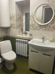 a bathroom with a toilet and a sink and a mirror at Будинок у Олени in Pochayiv +5 photos