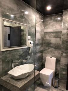 Un baño con inodoro, lavabo y espejo. en Hotel Viaggio, en Ereván