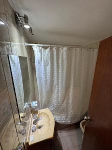 Un baño con lavabo y ducha con cortina de ducha. en NOVA Hotel Pinamar, en Pinamar