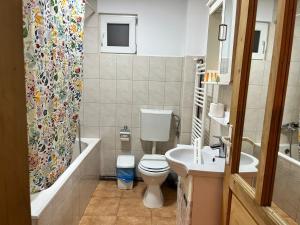 a bathroom with a toilet and a tub and a sink at Memory Lane Cottage – Posada in Comarnic
