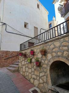 una pared de piedra con macetas al lado de un edificio en Casa rural Palotes, en Nerpio