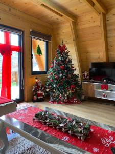 a living room with a christmas tree in a cabin at Villa Konezal in Ferizaj