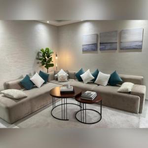 穆罕默迪耶Miramare Cosy appartement pied dans l'eau avec piscine的客厅里有一张沙发，上面放着蓝白色的枕头