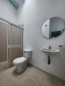 Hotel Posada Santa María Villa de Leyva s2 في فيلا دي ليفا: حمام مع مرحاض ومغسلة ومرآة