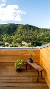 阿梅利莱班帕拉勒达Aparthotel New Palmarium的木甲板上设有长凳和植物