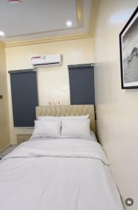 un letto con cuscini bianchi in una stanza di KC Shortlet ad Asaba