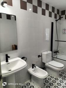 a bathroom with a sink and a toilet and a mirror at Casa Palacio Arcos del Carmen in Jerez de la Frontera +18 photos