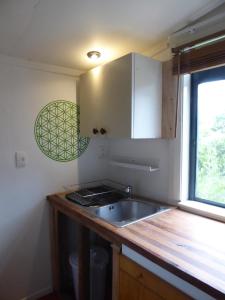 a kitchen with a sink and a window at Dragon's Den - self contained unit in Takaka +4 photos