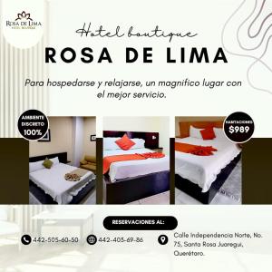 克雷塔罗Hotel Boutique Rosa de Lima的一张带两张床的酒店客房的传单