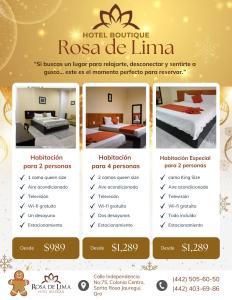 克雷塔罗Hotel Boutique Rosa de Lima的罗卡斯德利马精品酒店的传单
