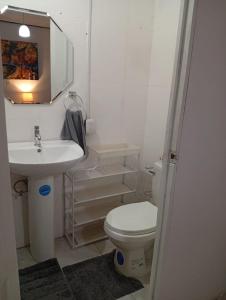 a small bathroom with a toilet and a sink at Suites Maderos San Benito in San Salvador +5 photos