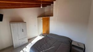 a small bedroom with a bed and a cabinet at Vino al Valle in Tupungato