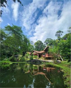 Teratak Jannah Homestay & Resort في كوالا لكانغسار: منزل أمامه بركة