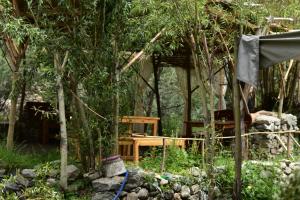 a garden with a wooden bench and trees at Rustic Edge Hostel Turtuk in Turtuk +1 photo