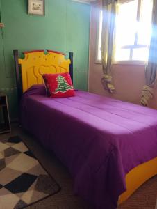 卡斯特鲁Agroturismo Silvestre Marly的一间卧室配有一张带红色枕头的紫色床