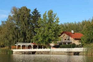 a house sitting on the side of a lake at Holiday home in Bekesszentandras 20542 in Békésszentandrás