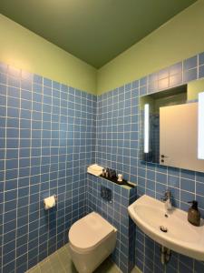 a blue tiled bathroom with a toilet and a sink at The Holy Ram Farm-Hotel in Snæfellsbær +13 photos