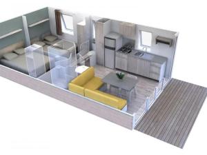 Saint-Martin-de-BremMobil-home 4 pers avec terrasse à Brem - API-1-52-438的一间小厨房和客厅的 ⁇ 染 更多16张照片