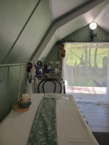 a room with a tent with a table and a window at The Nest in Tasman +8 photos