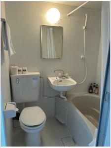 Un baño con inodoro, lavabo y bañera. en ホテル富士山水館富士山一望河口湖車で3分, en Fujikawaguchiko