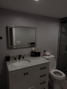 a bathroom with a sink and a toilet and a mirror at Janets Cove in Medford +17 photos