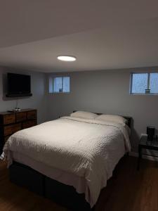 a bedroom with a bed and a flat screen tv at Janets Cove in Medford