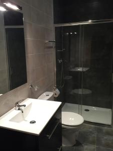 een badkamer met een wastafel, een douche en een toilet bij Casa Rural El Zumaque in Pereña