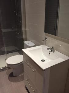 een badkamer met een wastafel, een toilet en een douche bij Casa Rural El Zumaque in Pereña